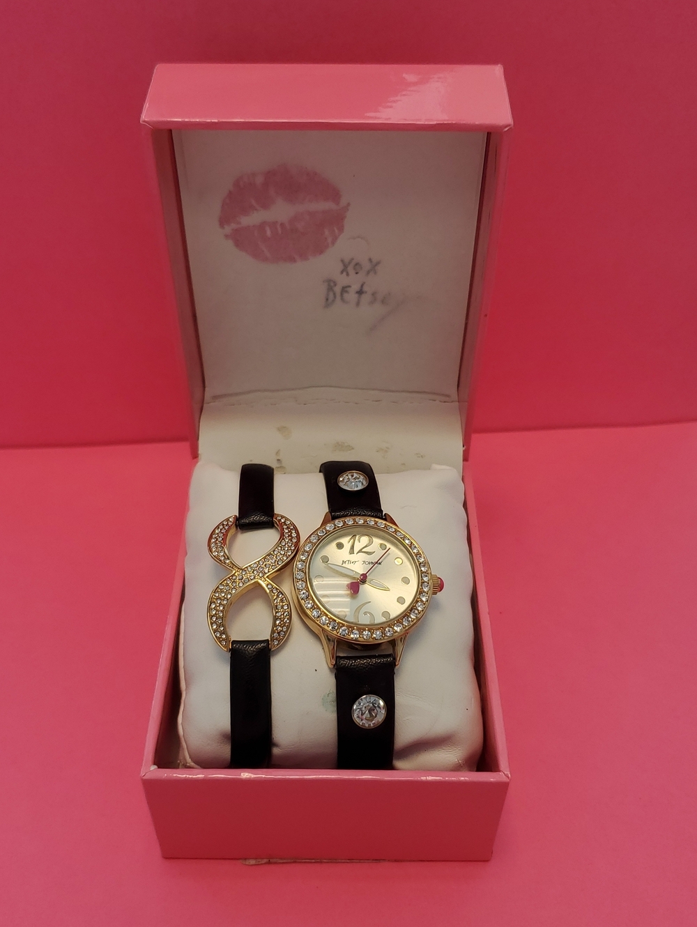 Betsey Johnson Black Strap Watch and Crystal-Accent Bracelet Set